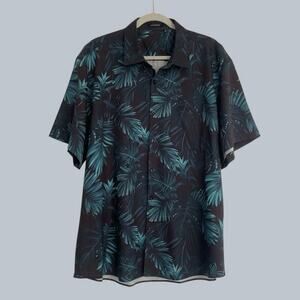 Hisdern Mens Navy Blue Tropical Button Down Shirt